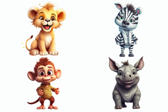 Safari Animal set monkey, lion, zebra and rhinoceros in 3d style. Isolated. Generative AI