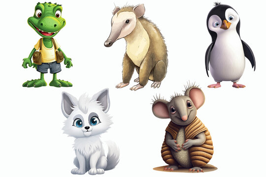Safari Animal set alligator, arctic fox, armadillo, adele penguin, anteater in 3d style. Isolated. Generative AI