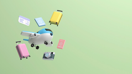 Preparations for a happy journey away. Airplane, ticket, luggage bag, passport, etc. 3d rendering