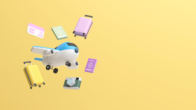 Preparations for a happy journey away. Airplane, ticket, luggage bag, passport, etc. 3d rendering