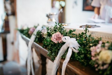 Closeup of interior details of a wedding ceremony in the church