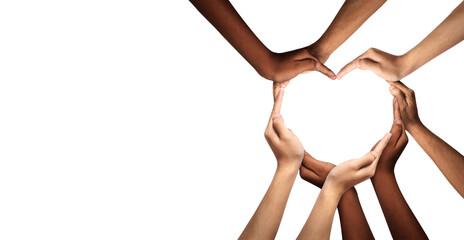Unity and diversity are at the heart of a diverse group of people connected together as a supportive symbol that represents a sense of teamwork and togetherness. Symbol and shape created from hands. - obrazy, fototapety, plakaty