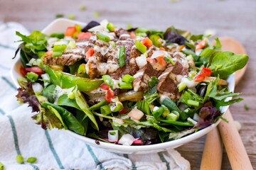 High angle of a steak salad in a bowl