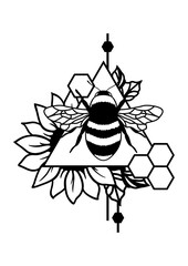 Fototapeta na wymiar Bee with sunflower and honey, outline vector illustration