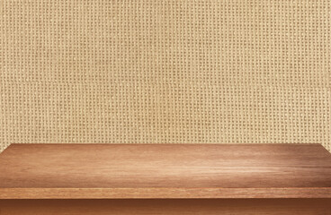 Wooden table, brown light natural linen texture for the background