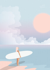 a woman on the beach with a surfboard