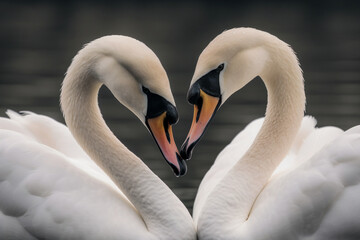 photograph of a pair of swans gracefully gliding on a tranquil lake, their necks elegantly intertwined to form a perfect heart shape