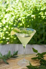 Vertical closeup shot of the glass of Margarita with mint and lime decorated with mint leaves