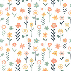 Seamless childish pattern with colorful flowers. Childish texture for fabric, packaging, textile, wallpaper, clothes. Seamless background with pastel color flowers in scandinavian style.