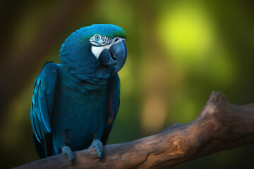 little blue macaw - rare bird on a branch of an old tree in the rainforest, generative ai
