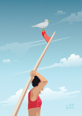 a woman with a surfboard