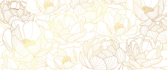 Luxury gold peony flower line art background vector. Natural botanical elegant flower with gold line art. Design illustration for decoration, wall decor, wallpaper, cover, banner, poster, card.