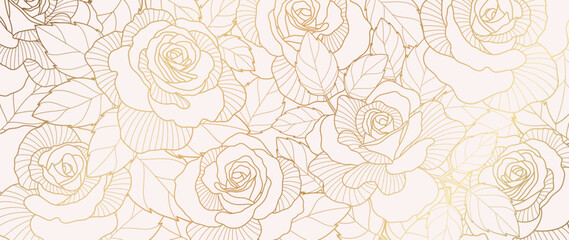 Fototapety  Luxury golden rose flower line art background vector. Natural botanical elegant flower with gold line art. Design illustration for decoration, wall decor, wallpaper, cover, banner, poster, card.