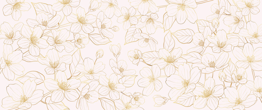 Luxury gold cherry blossom line art background vector. Natural botanical elegant flower with gold line art. Design illustration for decoration, wall decor, wallpaper, cover, banner, poster, card.