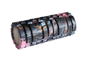 A black foam massage roller isolated on a white background. Foam rolling is a self myofascial release technique. Gym fitness equipment.	