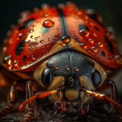 Extreme macro view of lady bug with water drops