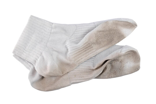 Pair of white used dirty socks isolated, top view, clipping path