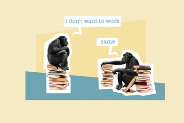 Creative collage portrait of two monkeys sit pile stack book chatting dont want work isolated on...