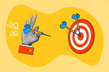 Photo collage of darts game arrow hitting in target center dartboard professional player match...