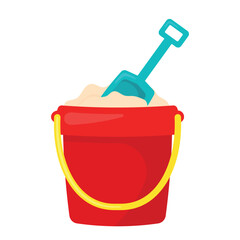 Sand in red bucket with shovel icon vector illustration for summer kid toys and game © Yuni