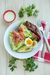 Vertical top view shot of the healthy ingredients on the plate with a fork and knife on a table