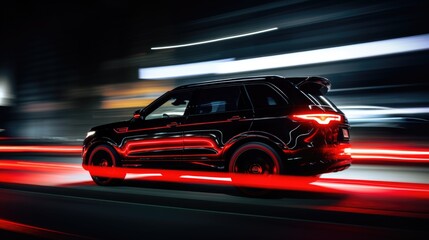 Fototapeta na wymiar SUV rushes at high speed through the streets of the night city. Generative AI