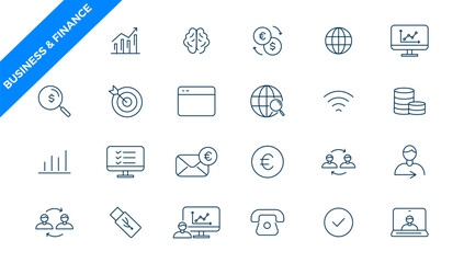   business and finance editable stroke line icon set with money, bank, check, law, auction, exchance, payment, wallet, deposit, piggy, calculator, web and more isolated outline thin symbol.