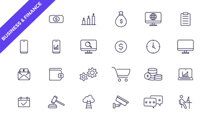   business and finance editable stroke line icon set with money, bank, check, law, auction, exchance, payment, wallet, deposit, piggy, calculator, web and more isolated outline thin symbol.