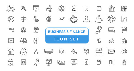  business and finance editable stroke line icon set with money, bank, check, law, auction, exchance, payment, wallet, deposit, piggy, calculator, web and more isolated outline thin symbol.