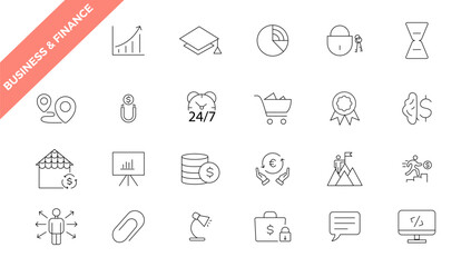   business and finance editable stroke line icon set with money, bank, check, law, auction, exchance, payment, wallet, deposit, piggy, calculator, web and more isolated outline thin symbol.