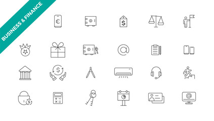   business and finance editable stroke line icon set with money, bank, check, law, auction, exchance, payment, wallet, deposit, piggy, calculator, web and more isolated outline thin symbol.