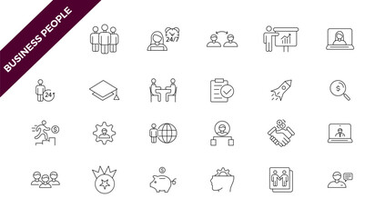  Business people line icons set. Businessman outline icons collection. Teamwork, human resources, meeting, partnership, meeting, work group, success, resume - stock vector.