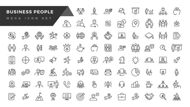  Business people line icons set. Businessman outline icons collection. Teamwork, human resources, meeting, partnership, meeting, work group, success, resume - stock vector.