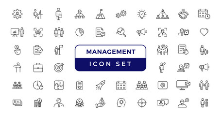  Business or management icon set. Containing manager, teamwork, strategy, marketing, business, planning, training, employee icons. Solid icons vector collection.