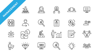  Business or management icon set. Containing manager, teamwork, strategy, marketing, business, planning, training, employee icons. Solid icons vector collection.