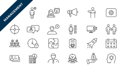  Business or management icon set. Containing manager, teamwork, strategy, marketing, business, planning, training, employee icons. Solid icons vector collection.