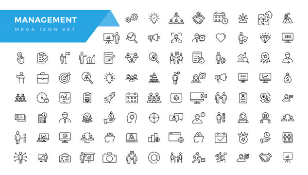  Business or management icon set. Containing manager, teamwork, strategy, marketing, business, planning, training, employee icons. Solid icons vector collection.