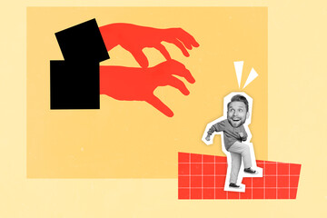Collage young guy run away from hands catching him hurry up fast speed scared his tyrant chief...