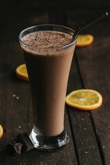 Closeup shot of a tall glass cup of chocolate milkshake with a metal straw on a wooden surface