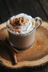 Vertical closeup shot of a glass of hot chocolate on a wooden board, with cream on top