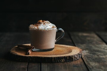 Closeup shot of a glass of hot chocolate on a wooden board, with cream on top