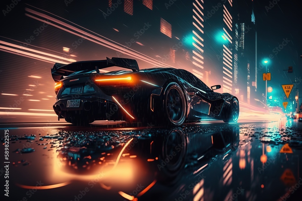 Canvas Prints A high-speed car is driving through the city with a neon glow.Futuristic innovative car. Generative AI