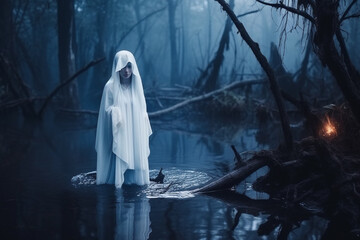A dark ghostly figure moving through the swamp in the dark. Spooky concept. Generative ai. - obrazy, fototapety, plakaty