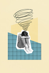 Collage composite design photo of young girl sitting depressed frustrated sit cuddles her knees...