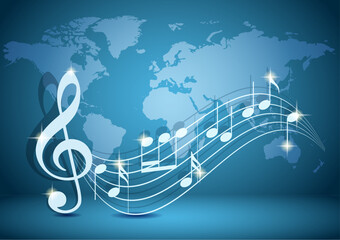 blue vector background with wavy music notes and shadow and light blue world map
