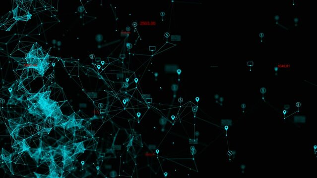 Geometric abstract composition with dots, lines, triangles, depth of field and random numbers. Plexus with HUD elements.