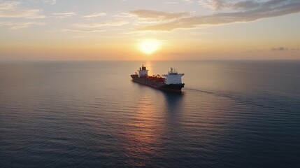 Obraz premium Aerial image of huge fuel tanker ship in the sea on sunset. Generative AI