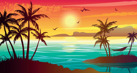 Fototapeta na wymiar Tropical landscape with sea, sunset and palm trees. Abstract landscape. Tropical paradise island.