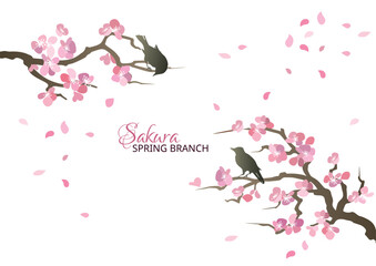 Spring baground with sakura branches and birds. Spring poster or greeting card with blooming sakura.
