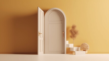 Opening door with golden house on fuzzy interior background Generated AI